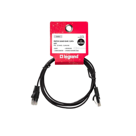 Legrand 2m Cat 6 Black RJ45 UTP Slimline Patch Lead - High-Speed Networking