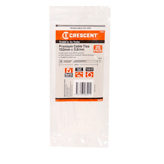 Crescent Natural Cable Ties 150 x 3.6mm Nylon 25 Pack Extra Strength