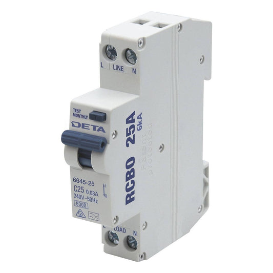 DETA 25A Residual Circuit Breaker with Overload Protection - 6kA - 1P+N - 240V - Auzzistore