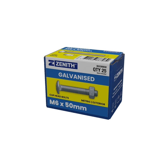 Zenith M6 x 50mm Hot Dip Galvanised Cup Head Bolts Nuts 25 Pack - Auzzistore