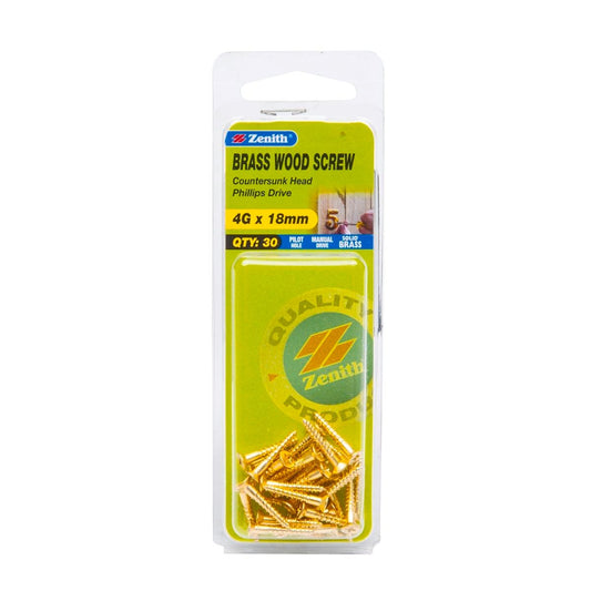 Zenith 4G x 18mm Solid Brass Countersunk Head Wood Screws – 30 Pack - Auzzistore
