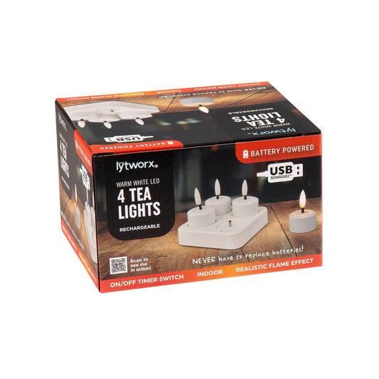 Lytworx Battery Operated Tea Lights 4 Pack - Warm White - USB Rechargeable - 40mm - Auzzistore