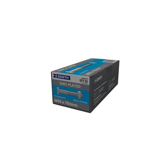 Zenith M10 Zinc Plated Hex Head Bolts and Nuts 25 Pack - 75mm - Durable Fastening - Auzzistore