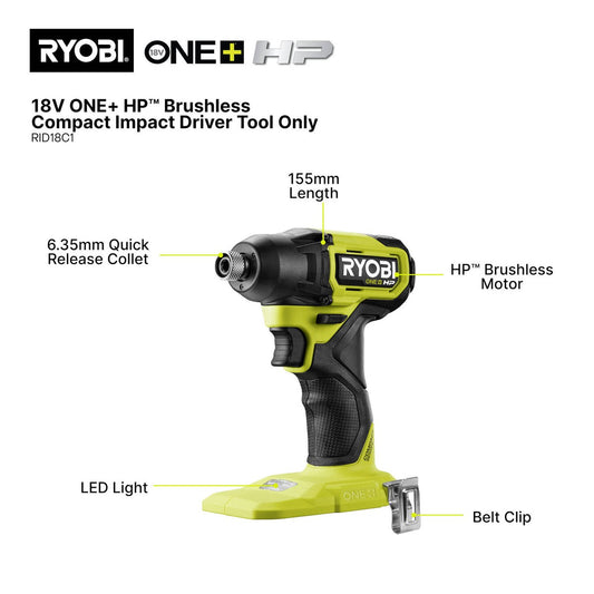 Ryobi 18V ONE+ HP Brushless Compact Impact Driver Tool Only - 240Nm Torque - Lightweight 0.85kg – view 2 - Auzzistore