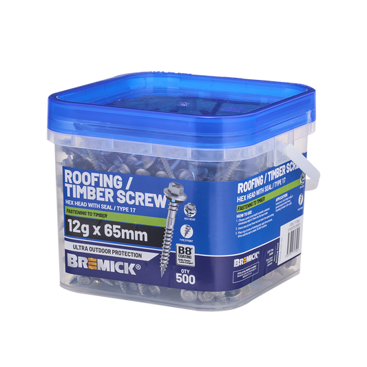 Bremick Hex Roofing Screw 12g x 65mm - Box of 500 - Watertight Seal - Corrosion Resistant - Auzzistore