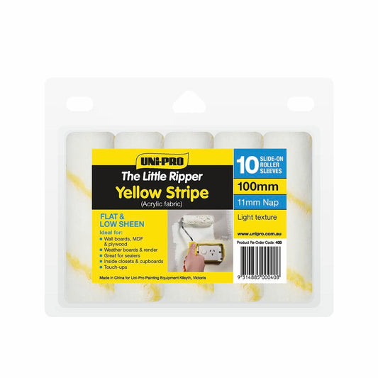 Uni Pro Little Ripper Acrylic Roller Cover Refills 10 Pack - Yellow Stripe - 100mm - 11mm Nap - Auzzistore