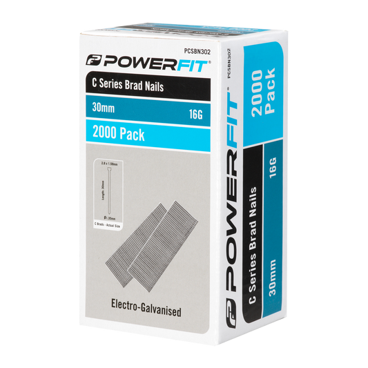 Powerfit 30mm C Series Brad Nails - 2000 Pack - Electro Galvanised - 16 Gauge - Auzzistore