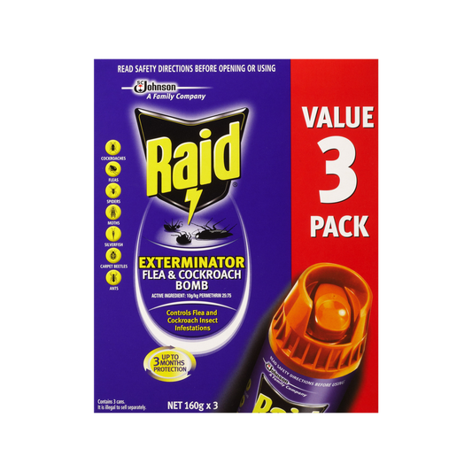 Raid Exterminator Flea and Cockroach Bomb 160g - 3 Pack - Indoor Use - Kills Pests - Auzzistore