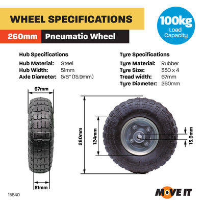 Move It Pneumatic Steel Trolley Wheel 3.5 x 4 5/8 Inch Axle Diameter