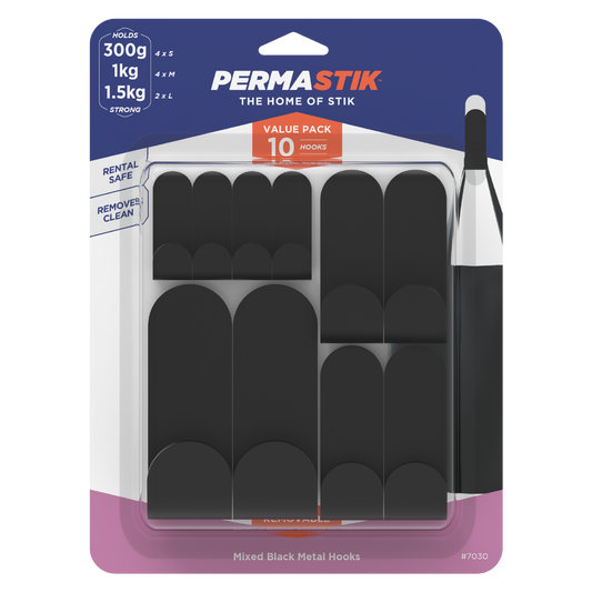 Permastik Black Mixed Metal Hooks 10 Pack - 160mm x 215mm - Adhesive, No Drilling