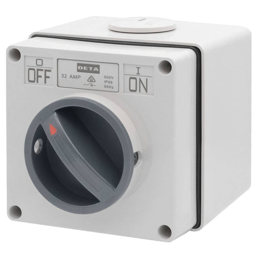 Deta IP66 Weatherproof 2 Pole 32A Isolator - Outdoor Power Isolation - Grey - Auzzistore