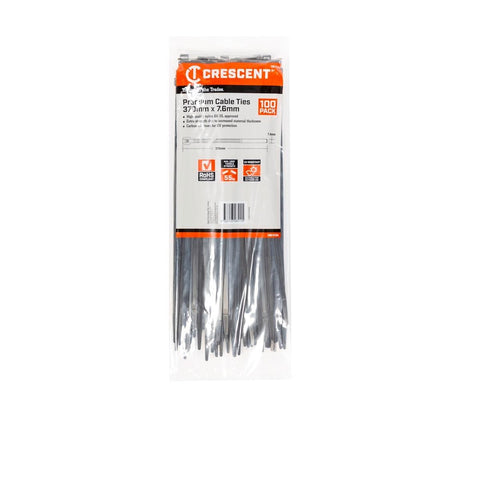 Crescent Heavy Duty Cable Ties - 370mm x 7.6mm - Black - 100 Pack - Nylon - UV Resistant - Auzzistore