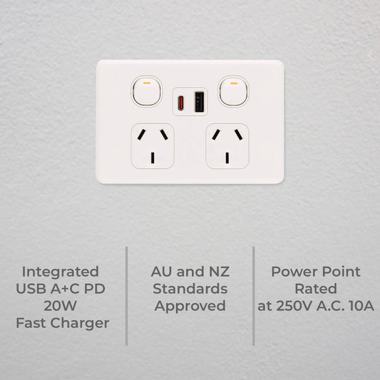 Deta S Line Double Power Point with USB A+C PD20W Fast Charging - 2 Outlets - 45mm x 74mm x 115mm - Ultra-Low Profile Design – view 2 - Auzzistore