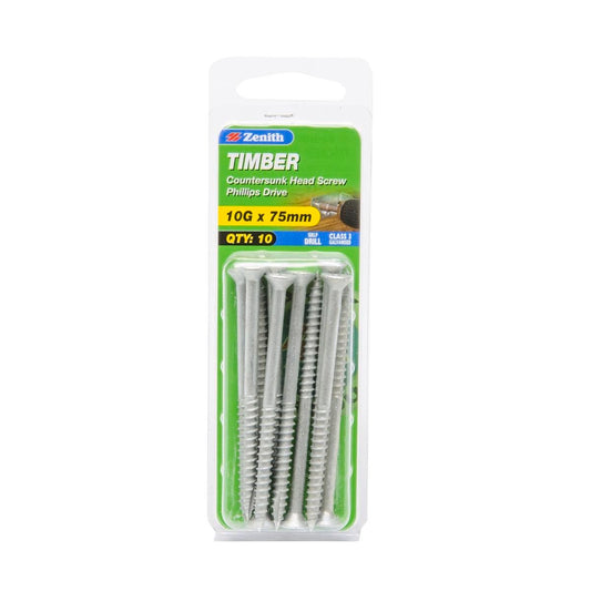 Zenith Timber Screws - 10g x 75mm Galvanised - Countersunk - 10 Pack - Auzzistore