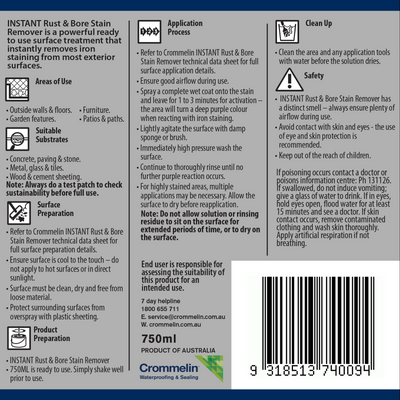 Crommelin Instant Rust Bore Stain Remover - 750ml - Easy Spray & Rinse