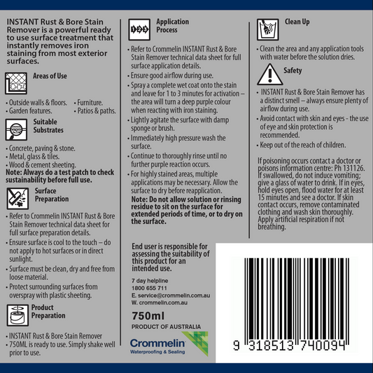 Crommelin Instant Rust Bore Stain Remover - 750ml - Easy Spray & Rinse