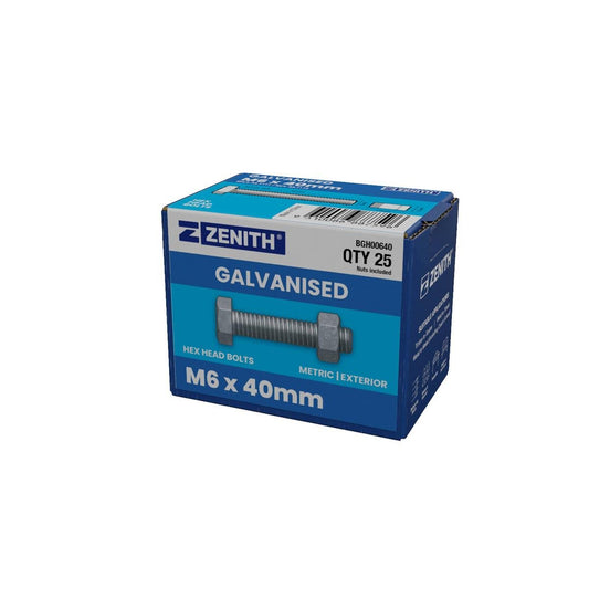 Zenith M6 x 40mm Hot Dip Galvanised Hex Head Bolts and Nuts 25 Pack - Auzzistore