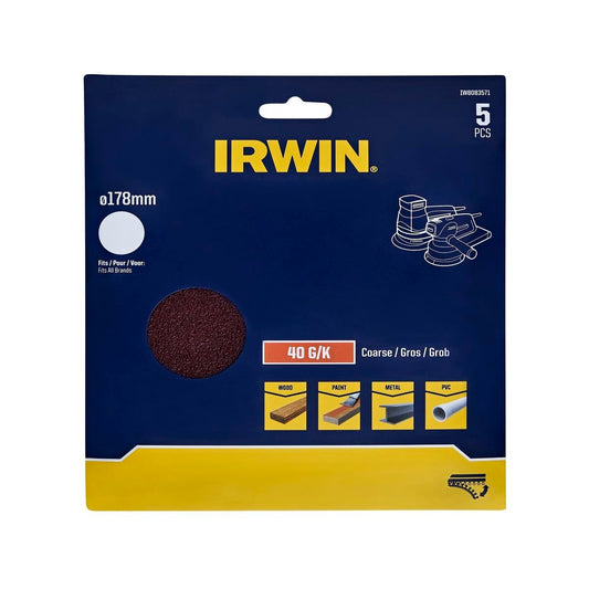 Irwin 178mm Quick Fit Random Orbital Sanding Disc 5 Pack - 40 Grit - Aluminium Oxide - Efficient Stock Removal - Auzzistore