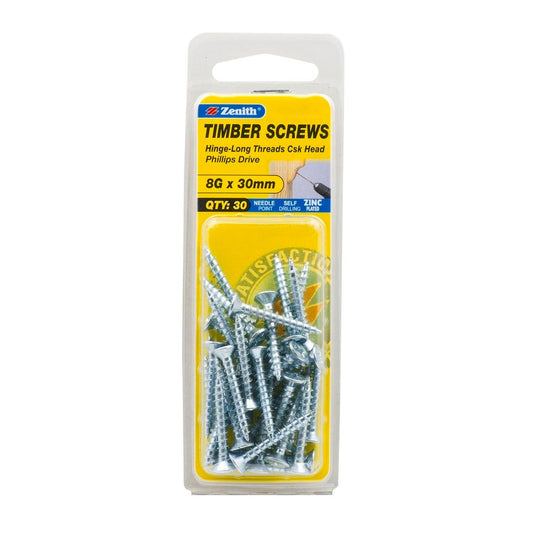 Zenith Timber Screws 30 Pack 8g x 30mm Zinc Plated Countersunk Head - Auzzistore