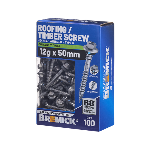 Bremick Hex Roofing Screw - 12g x 50mm - B8 Coating - 100 Pack - Corrosion Resistant - Auzzistore