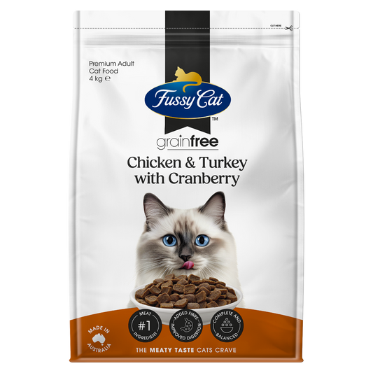 Fussy Cat Grain Free Dry Cat Food - Chicken Turkey with Cranberry 4kg - Complete Nutrition, Urinary Support