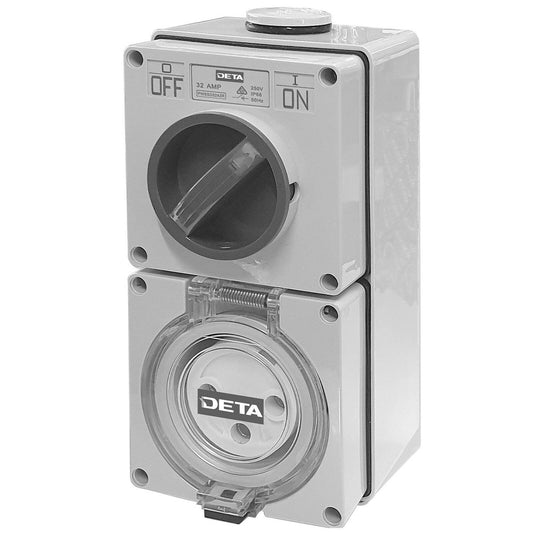 Deta 32A Single Phase Round Switch Outlet - 100mm x 58mm x 200mm - Light Grey - Weatherproof