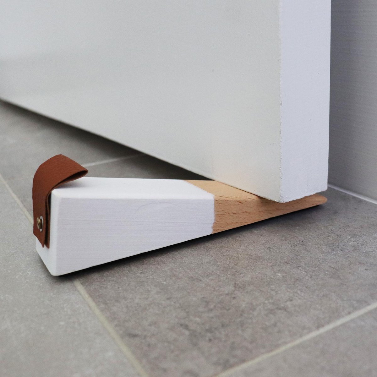 Adoored White Band Leather Strap Timber Door Wedge - 43mm - Durable