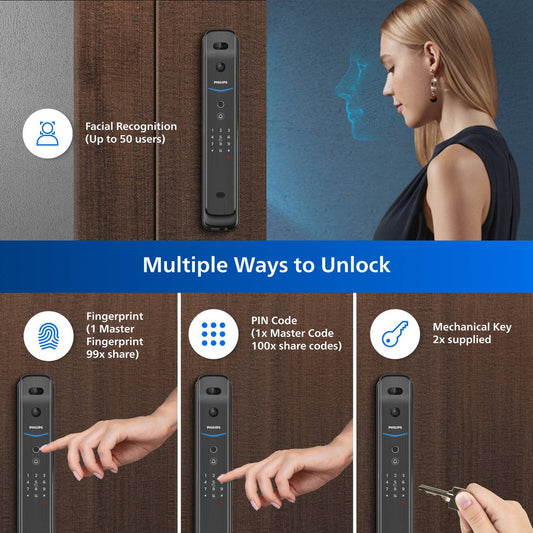 Philips Easykey Smart Mortise Door Lock - 3D Facial Recognition - Black - 80mm x 420mm – view 2 - Auzzistore
