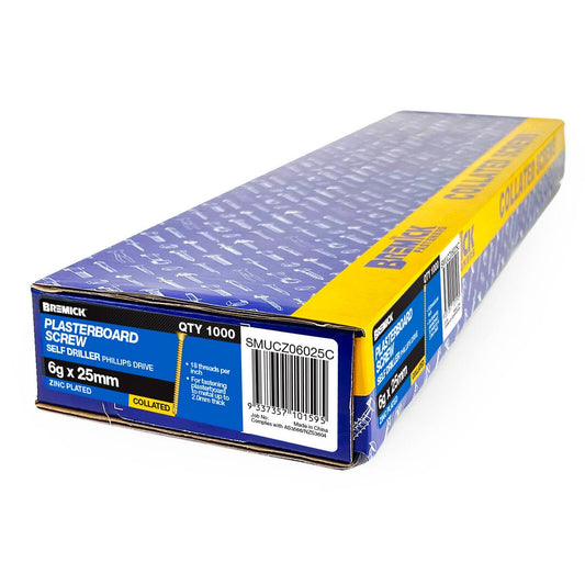 Bremick Collated Screw 6g x 25mm Zinc Yellow Plasterboard Screw - 1000 Pack - Metal Drill Point - Bugle Head - Fine Thread - Auzzistore