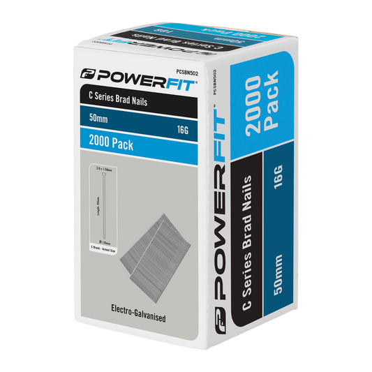 Powerfit 50mm C Series Brad Nails - 2000 Pack - Electro Galvanised - 16 Gauge - Auzzistore