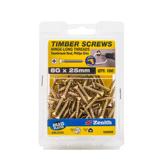 Zenith Brass Plated Hinge Screws 8g x 25mm Countersunk 100 Pack - Auzzistore