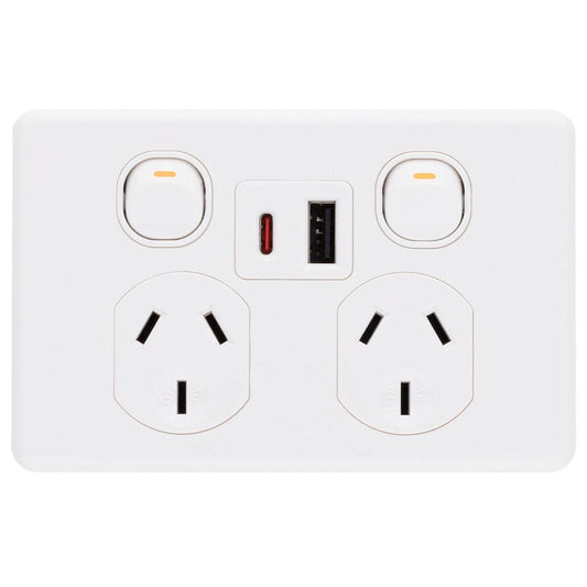 Deta x6 Double Power Point with USB A+C PD20W Fast Charging - 250V 10A - White - Auzzistore