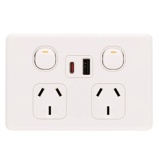 Deta S Line Double Power Point with USB A+C PD20W Fast Charging - 2 Outlets - 45mm x 74mm x 115mm - Ultra-Low Profile Design - Auzzistore