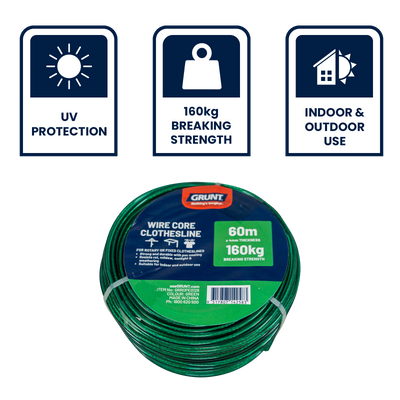 Grunt 4mm x 60m Green Clothesline Wire - Strong Durable PVC Coated