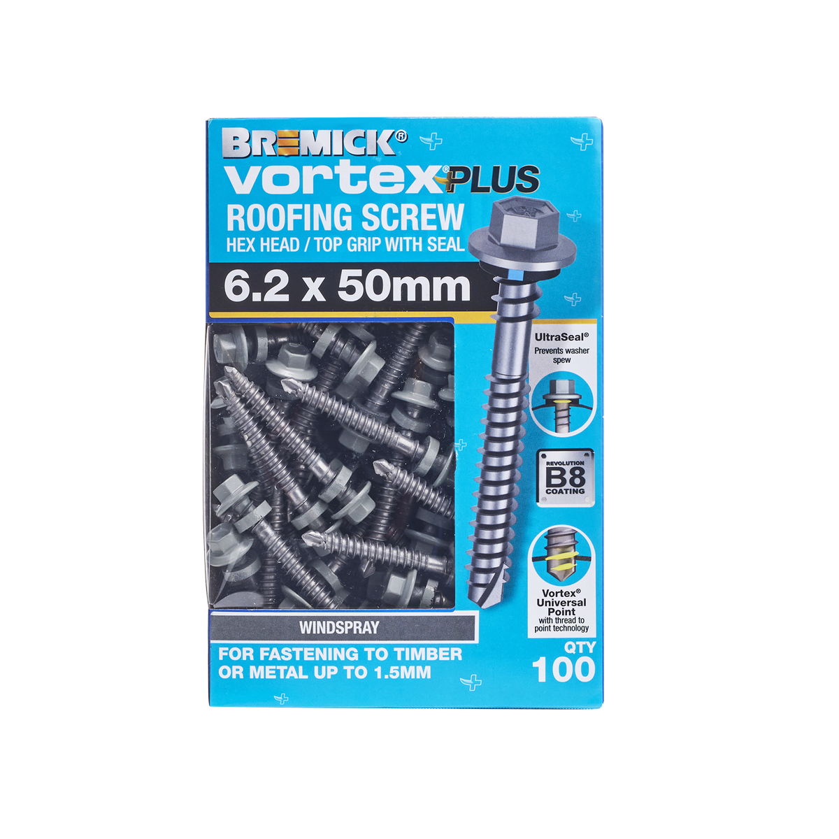 Bremick Vortex Plus Roofing Screw 6.2 x 50mm - Hex B8 - Box of 100 - W ...