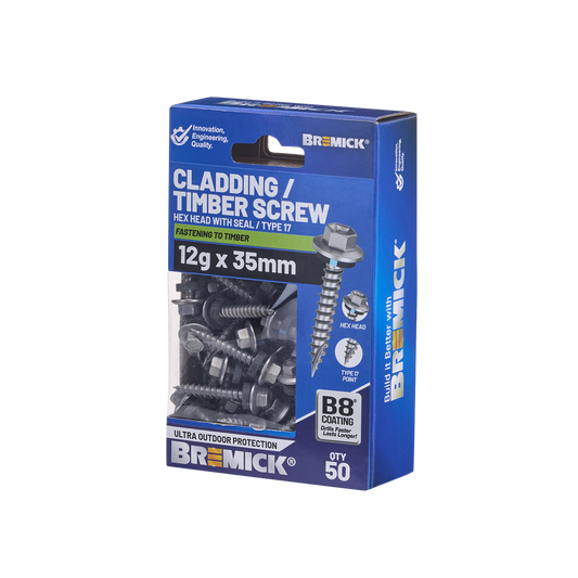 Bremick 12g x 35mm B8 Hex Cladding Screw - 50 Pack - High Corrosion Resistance - Auzzistore