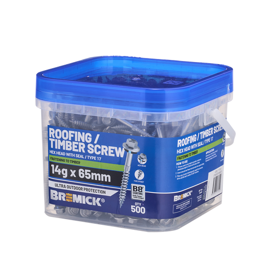 Bremick 14g x 65mm B8 Hex Roofing Screw - 500 Pack - Watertight Seal - Auzzistore