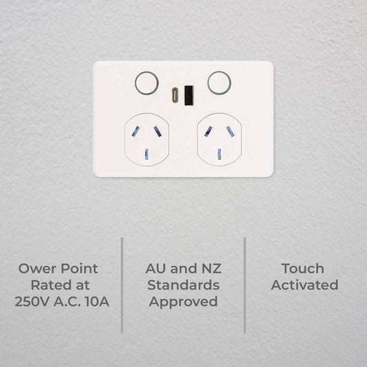 Deta Touch Double Power Point - USB A+C PD 20W Fast Charging - 50mm x 74mm x 115mm - Gloss White – view 2 - Auzzistore