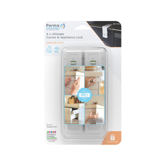 Perma Child Safety Ultimate Corner and Appliance Lock 4 Pack - 115mm x 92mm - Self-Adhesive