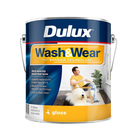 Dulux Interior Paint Wash Wear Gloss Vivid White 4L - 4L - Washable, Stain Resistant - Auzzistore