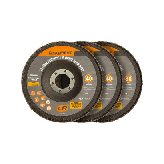 Craftright 127mm Aluminium Oxide Flap Discs 3 Pack - Grit 40 80 - Durable - Auzzistore
