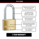 Master Lock 40mm Padlock - Brass Body - Hardened Steel Shackle - Durable