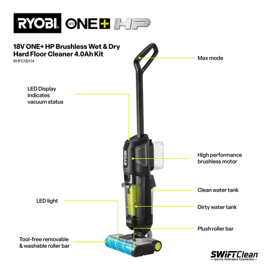 Ryobi 18V ONE+ HP Brushless Wet and Dry Hard Floor Cleaner 4.0Ah Kit - 260mm x 360mm x 711mm - 2-in-1 Vacuum and Mop – view 2 - Auzzistore