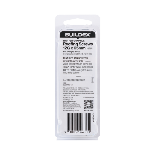 Buildex Roofing Teks Screws - 12g x 65mm - 6 Pack - Class 3 Corrosion Protection - Self-Drilling – view 2 - Auzzistore