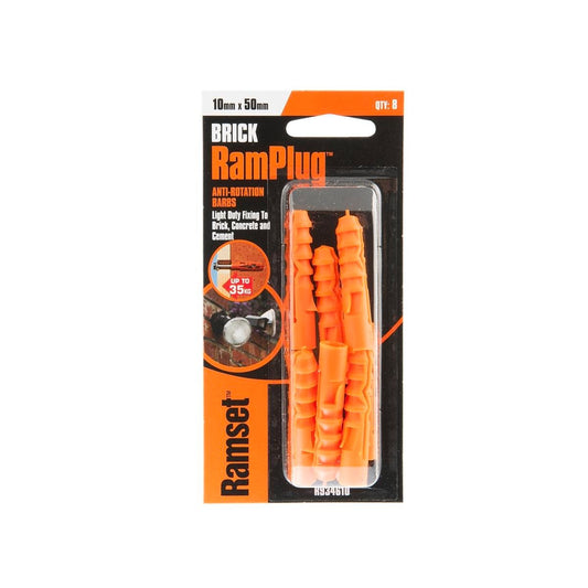 Ramset Ramplug - 10mm x 50mm - Nylon - Anti-Rotation Barbs - 8 Pack - Auzzistore