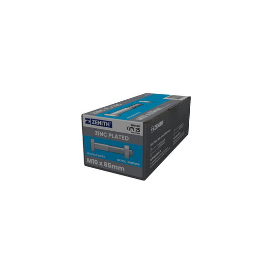 Zenith Zinc Plated Hex Head Bolts and Nuts 25 Pack - M10 x 65mm - Durable Fastening Solutions - Auzzistore