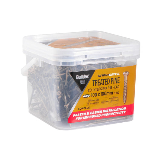 Buildex Rapiddrive Treated Pine Screws 10g x 100mm - Box of 500 - Fast Bite Point - Serrated Cutting Ribs - Climacoat Finish – view 2 - Auzzistore