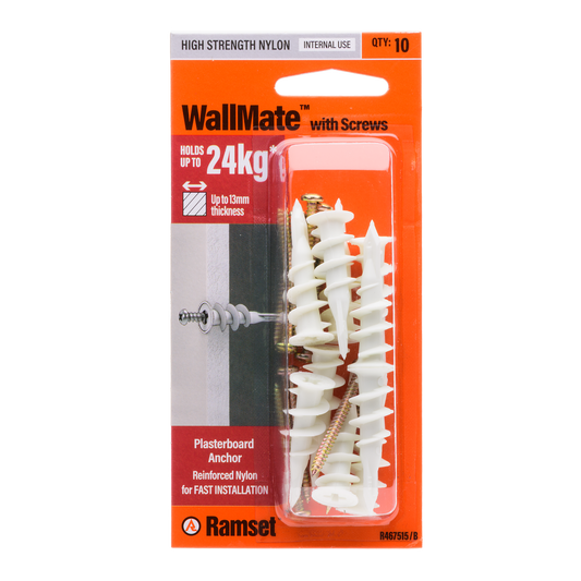 Ramset Nylon Wallmate Plasterboard Anchor with Screws 10 Pack - 43mm x 73mm - Quick Installation - Auzzistore