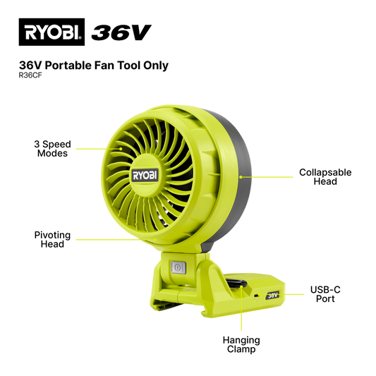 Ryobi 36V Portable Fan Tool Only - 15W USB-C Output - 3 Speed Settings - 15 Hours Runtime – view 2