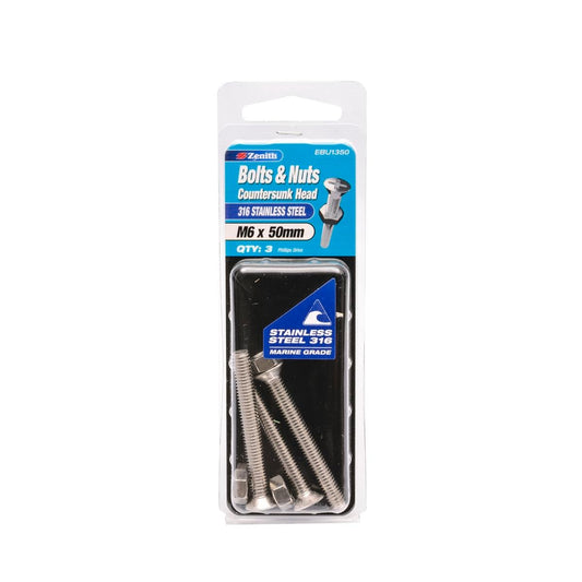 Zenith M6 x 50mm Stainless Steel Countersunk Head Bolt and Nut 3 Pack - Auzzistore